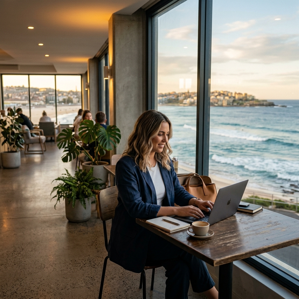Independent professional working in a coastal cafe